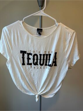 Windsor White Short Sleeve Tee with Black 'Tequila' Graphic and Front Knot